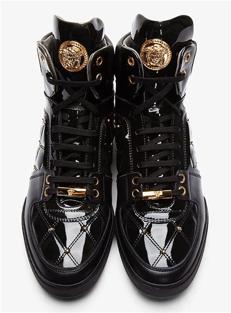 versace black patent leather quilted high top sneakers|Versace hi tops.